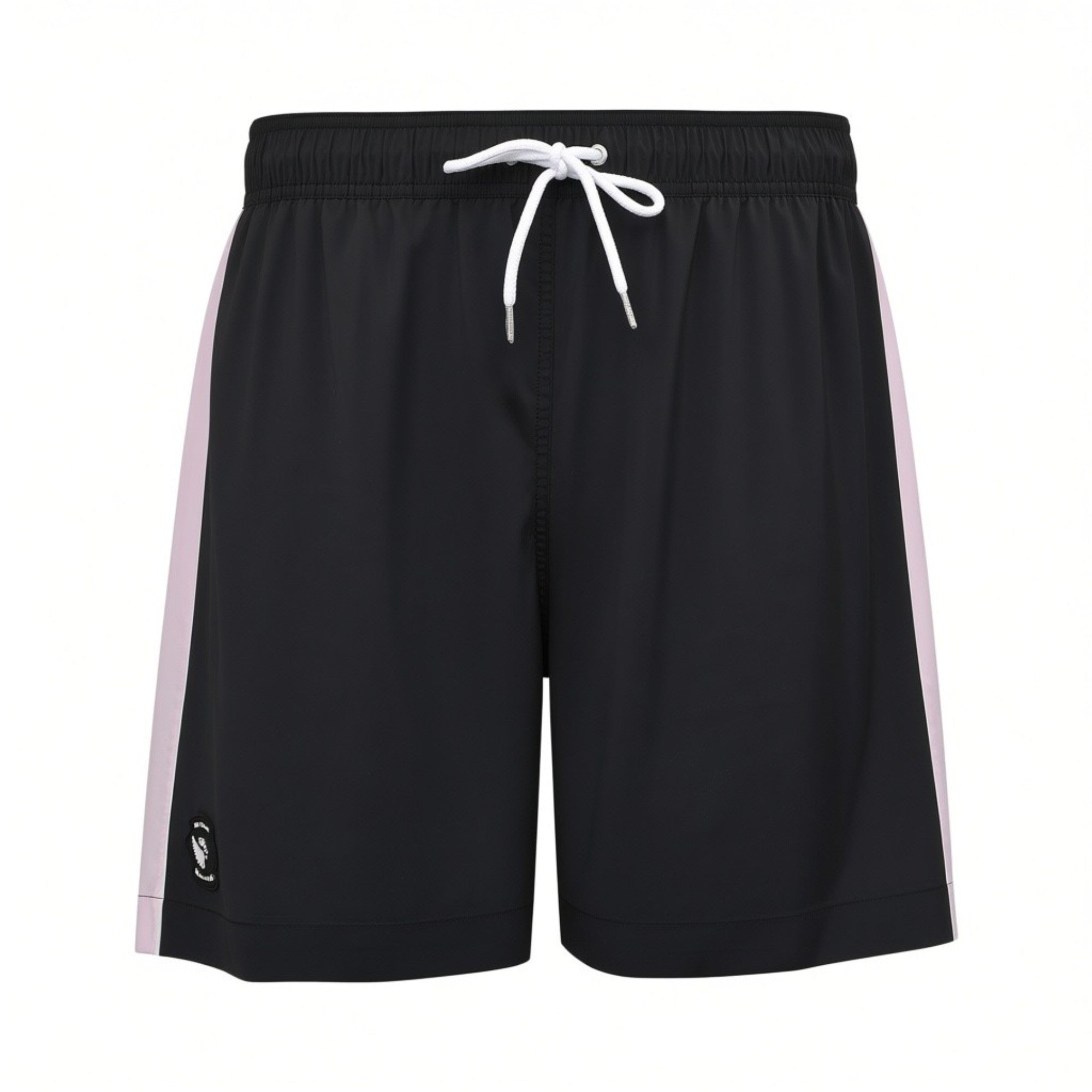 Front studio shot of men's Eden Park swim shorts in black, featuring pale pink side stripes, a white drawstring, and a round logo patch on the lower left hem.