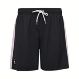 Front studio shot of men's Eden Park swim shorts in black, featuring pale pink side stripes, a white drawstring, and a round logo patch on the lower left hem.