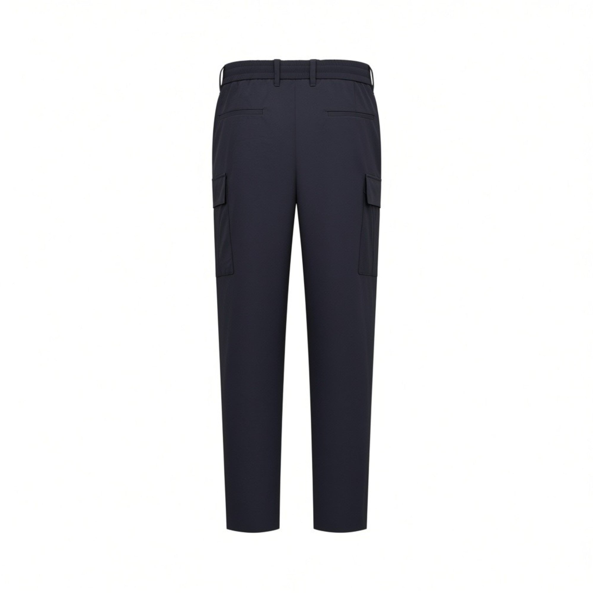 Back studio shot of the men's Eden Park navy blue cargo trousers, highlighting the clean waistband with belt loops, dual welt pockets, and symmetric side flap pockets.