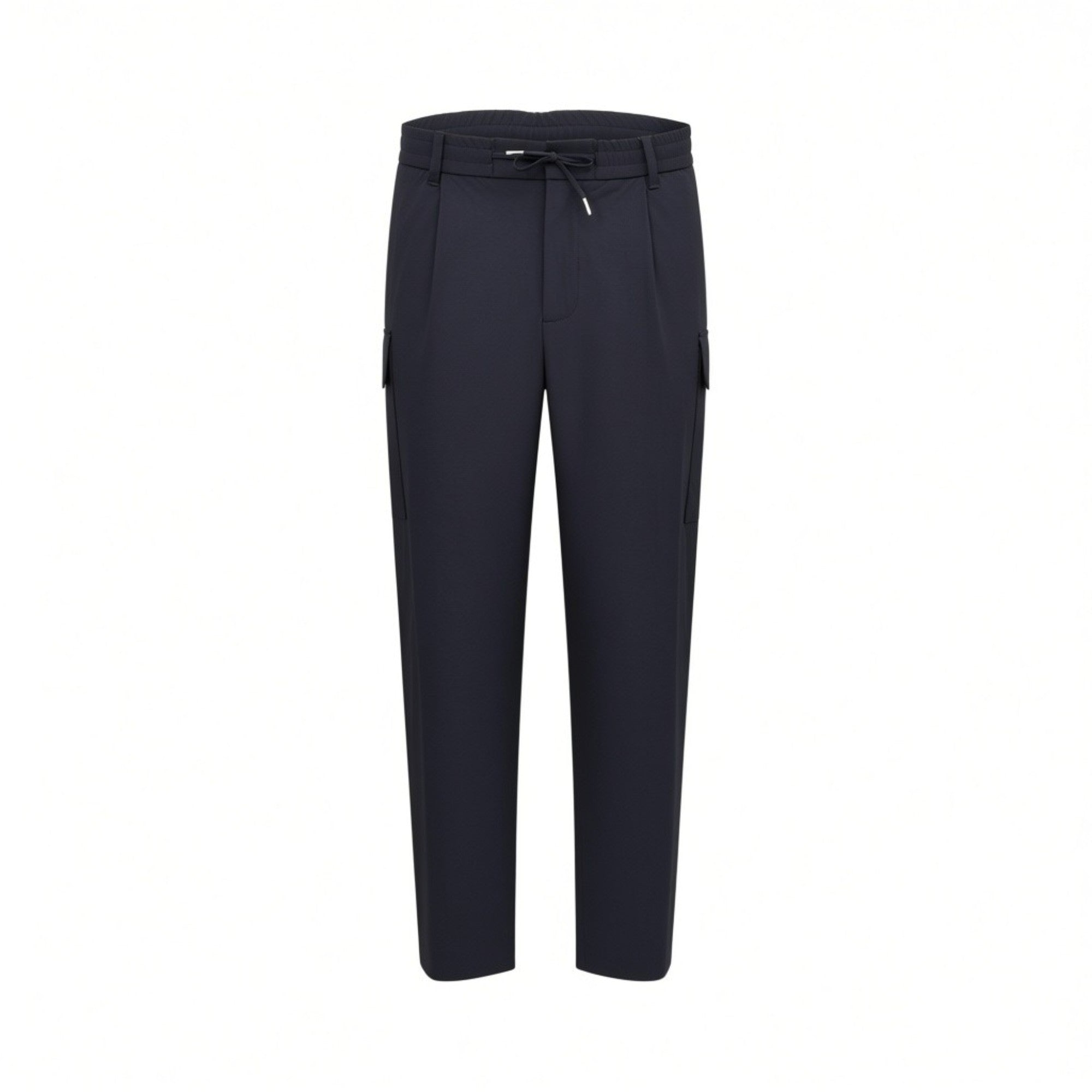 Front studio shot of men's Eden Park cargo trousers in navy blue, showcasing the tailored front pleats, drawstring waistband, and streamlined side cargo pockets.