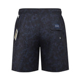 Back studio shot of the men's Eden Park tropical print swim shorts, showcasing the rear flap pocket with an embroidered logo patch and metal eyelet.