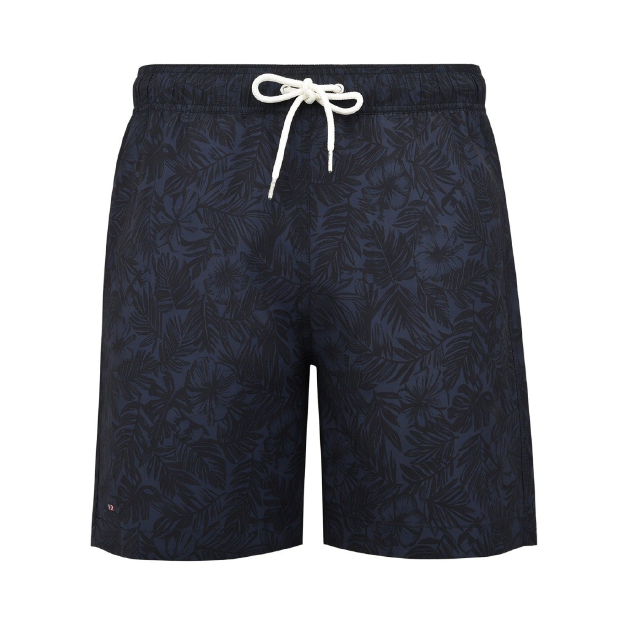 Front studio shot of men's Eden Park swim shorts in navy blue with a black tropical floral pattern, featuring an elastic waistband and an off-white drawstring.