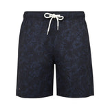 Front studio shot of men's Eden Park swim shorts in navy blue with a black tropical floral pattern, featuring an elastic waistband and an off-white drawstring.