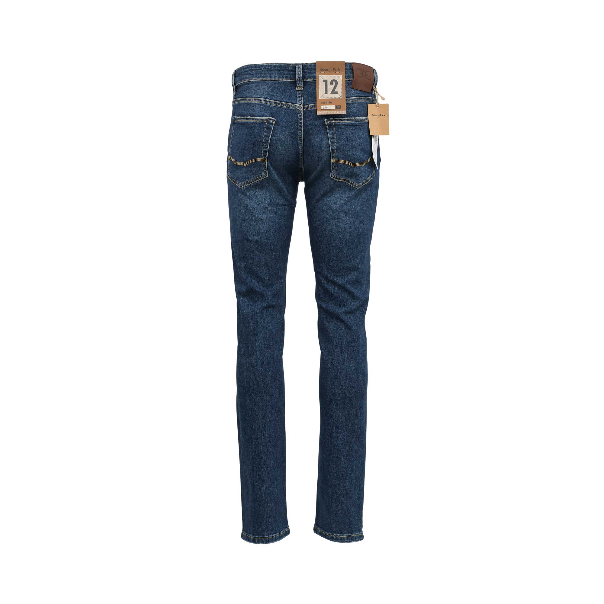 Back studio shot of the men's Eden Park dark indigo jeans, showcasing the dual rear patch pockets, signature pocket embroidery, and brand product labels attached to the waistband.