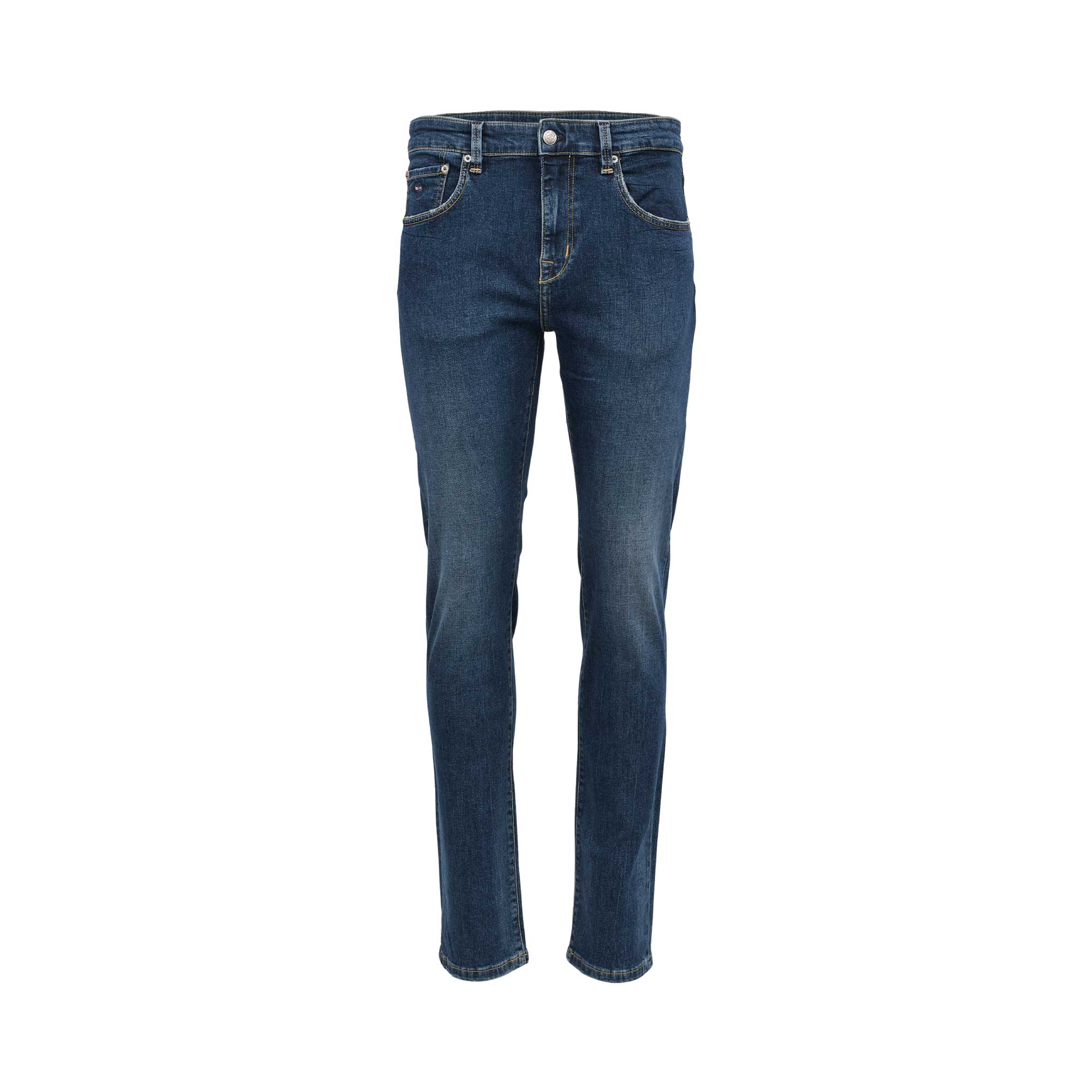 Front studio shot of men's Eden Park slim-fit denim jeans in a dark indigo blue wash, highlighting the five-pocket construction and silver hardware against a white background.