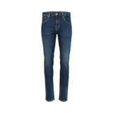 Front studio shot of men's Eden Park slim-fit denim jeans in a dark indigo blue wash, highlighting the five-pocket construction and silver hardware against a white background.