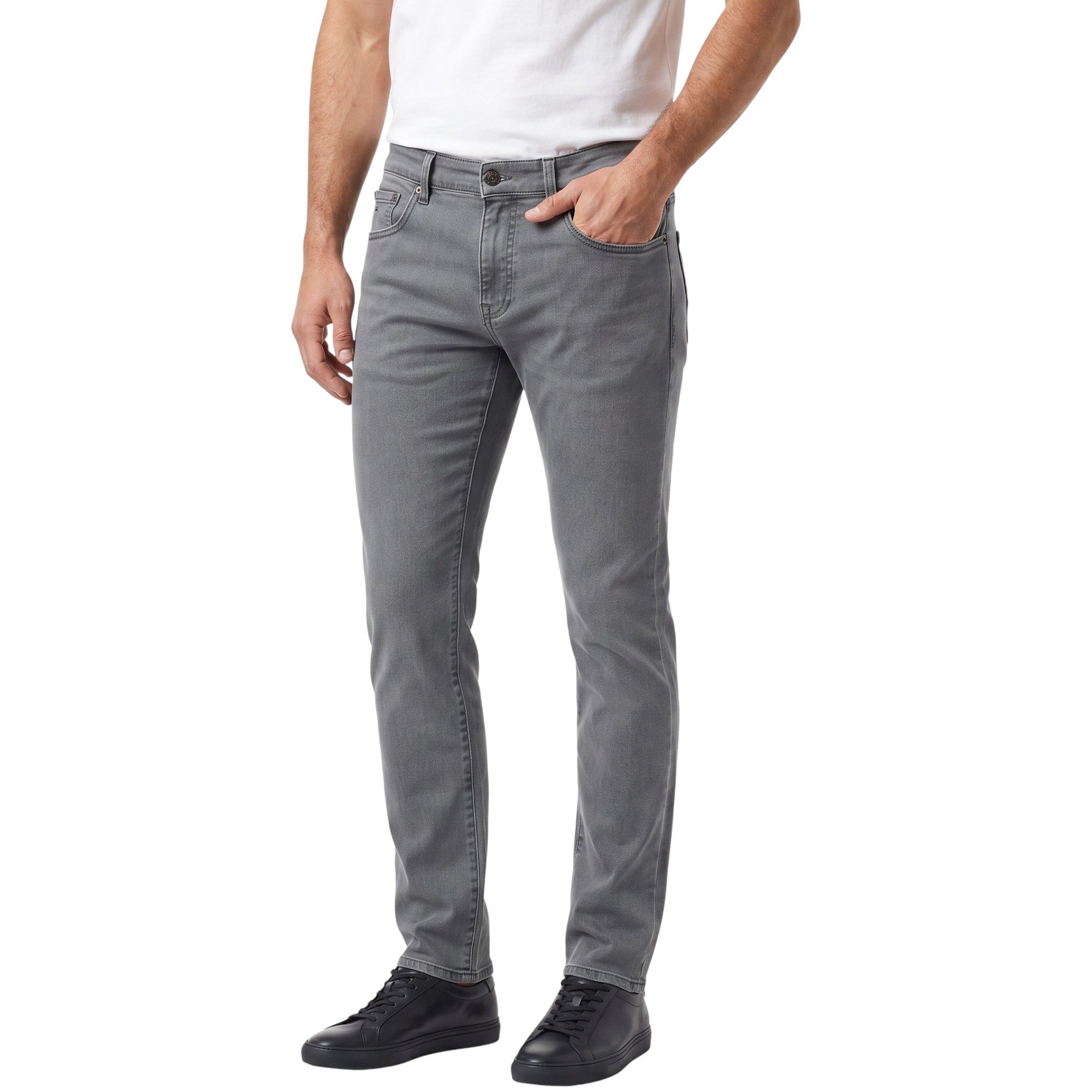 Three-quarter studio shot of a male model from the waist down wearing the light grey Eden Park slim-fit jeans, casually styled with a white t-shirt and black leather sneakers.