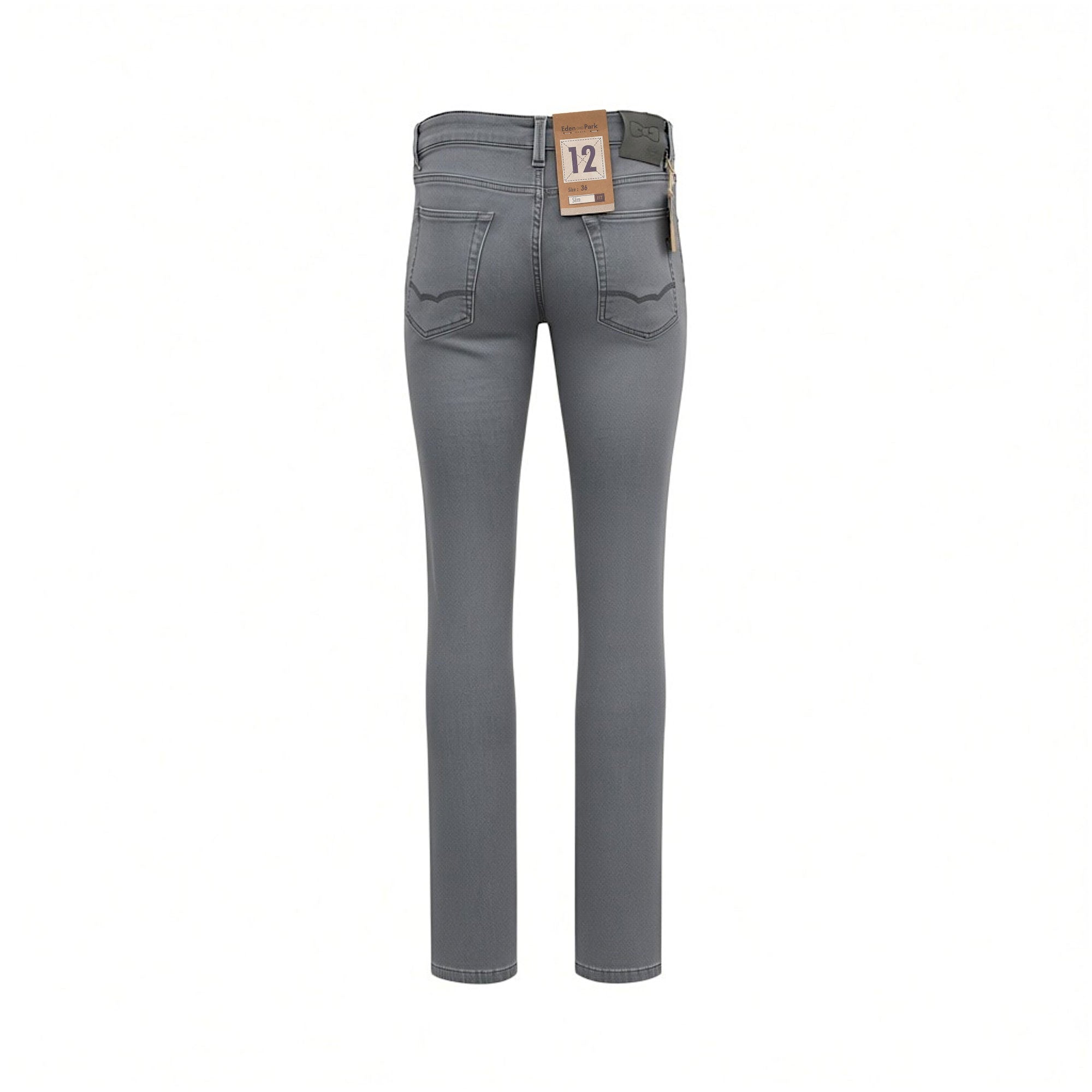 Back studio shot of the men's Eden Park light grey jeans, showcasing the twin rear patch pockets, signature embroidery, and attached retail waistband tags.