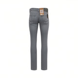 Back studio shot of the men's Eden Park light grey jeans, showcasing the twin rear patch pockets, signature embroidery, and attached retail waistband tags.