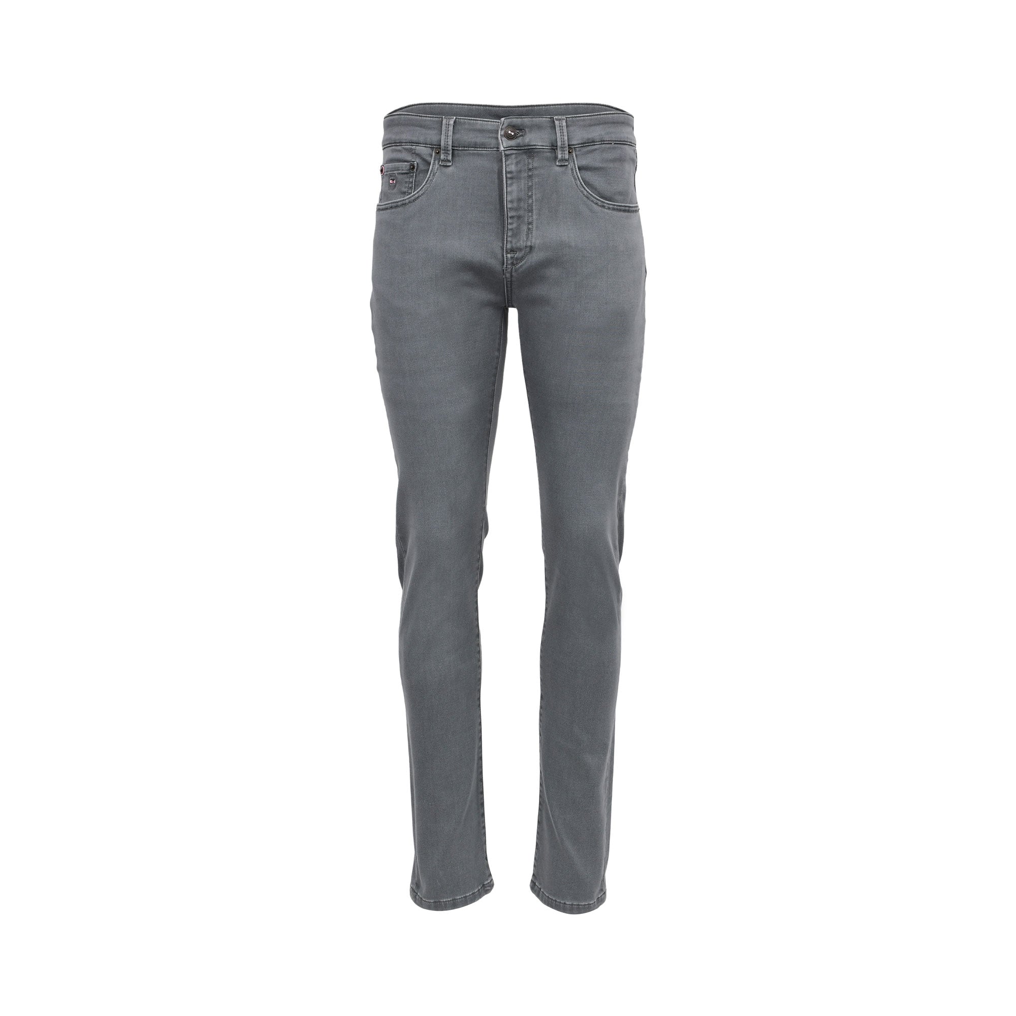 Front studio shot of men's Eden Park slim-fit jeans in a versatile light grey wash, highlighting the five-pocket design and central metal button closure.