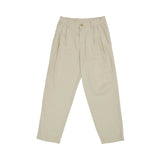 Front view of Eleventy Kids sand-colored trousers featuring a double-pleated front, button closure, and side slant pockets against a white background.