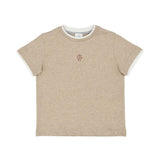 Front view of a beige melange Eleventy Kids t-shirt for boys, featuring white contrast trim and a small brown stacked logo in the center.
