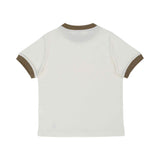 Back view of the cream Eleventy Kids ringer t-shirt showing the contrast olive collar detail.
