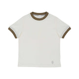 Front view of a cream Eleventy Kids t-shirt featuring olive-brown ribbed trim on the neck and sleeves.