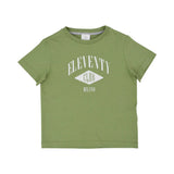 Front view of a green Eleventy Kids t-shirt featuring a cream-colored "Eleventy Club Milano" diamond graphic on the chest.