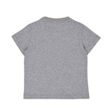 Back view of the heather grey Eleventy Kids t-shirt showing the tan ribbed collar and clean, short-sleeve construction.