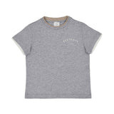 Front of a boys' heather grey Eleventy Kids t-shirt featuring a tan contrast collar, white sleeve trim, and "Eleventy Club" printed on the chest.