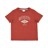 Front view of a rust orange Eleventy Kids t-shirt featuring a cream-colored "Eleventy Club Milano" diamond graphic on the chest.