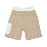 Back view of sand-colored melange shorts with contrast white waistband and cargo pocket.
