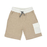 Detail view of sand-colored melange shorts with contrast white waistband and cargo pocket.