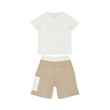 Back view of Eleventy Kids Club Milano set with a graphic T-shirt and sand-colored shorts with a white cargo pocket.