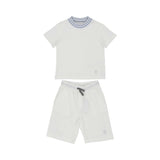 Front view of a two-piece Eleventy Kids set featuring an off-white T-shirt with a blue striped neck and matching drawstring shorts.
