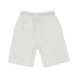 Close-up  back view of the off-white cotton shorts featuring a grey drawstring and the Eleventy logo on the left leg.