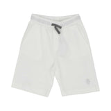 Close-up of the off-white cotton shorts featuring a grey drawstring and the Eleventy logo on the left leg.