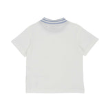 Back view of off-white T-shirt highlighting the blue and white striped ribbed collar and the tonal Eleventy logo on the hem