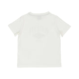 Close-up back view of off-white T-shirt with gold "Eleventy Club Milano" graphic print.