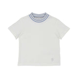 Close-up of the off-white T-shirt highlighting the blue and white striped ribbed collar and the tonal Eleventy logo on the hem.
