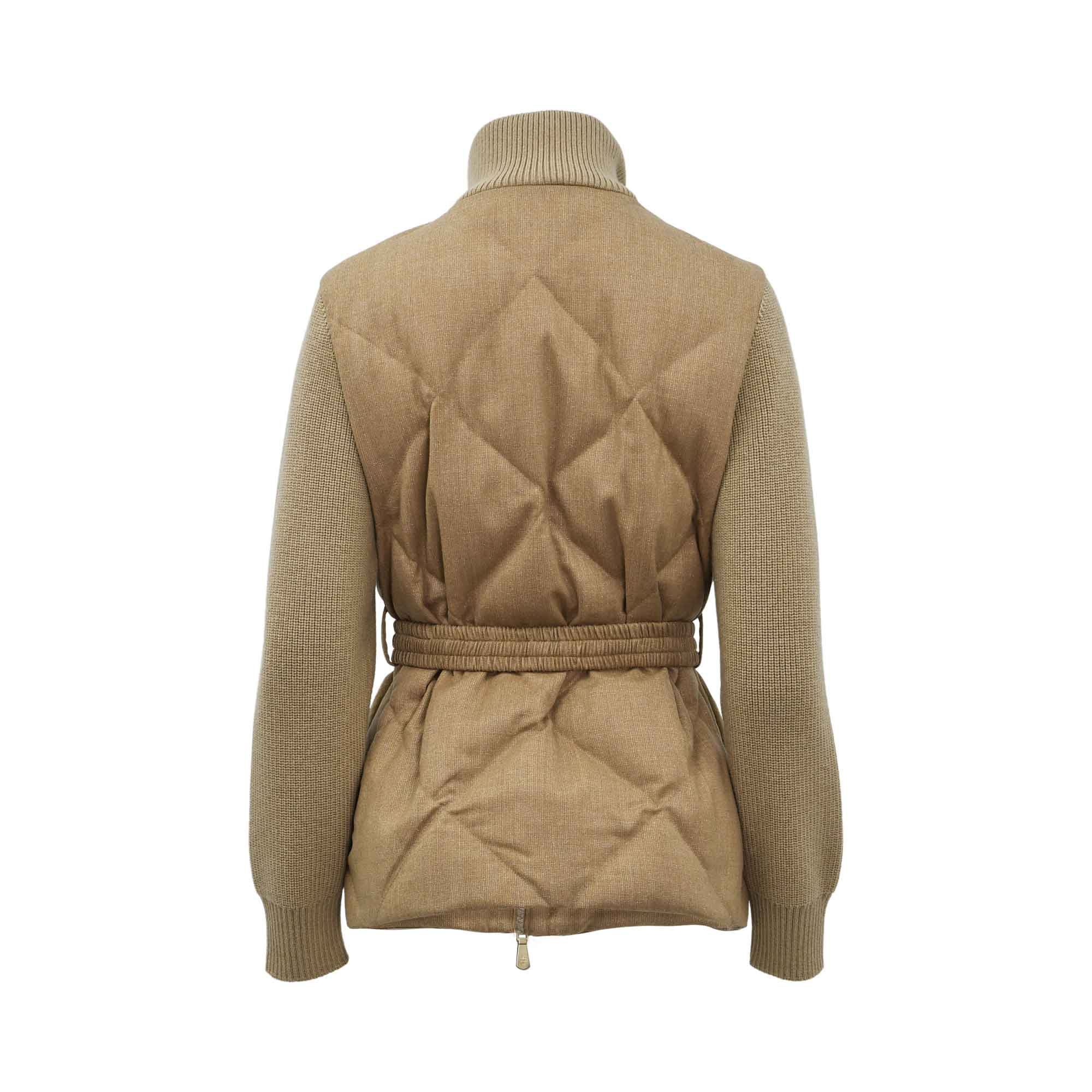Eleventy camel quilted jacket with knit sleeves, funnel neck, and elastic belt featuring gold buckle for elegant modern style.