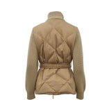 Eleventy camel quilted jacket with knit sleeves, funnel neck, and elastic belt featuring gold buckle for elegant modern style.