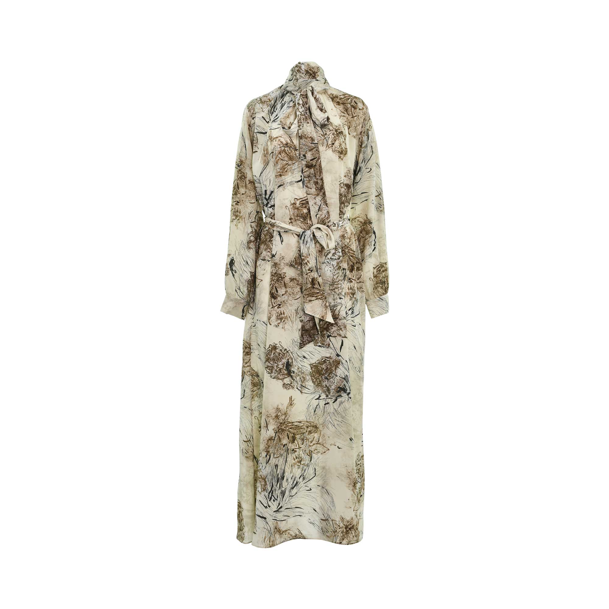 Eleventy Women's Beige Floral Maxi Dress with Bow-Tie Neck and Waist Belt — Available Online Today