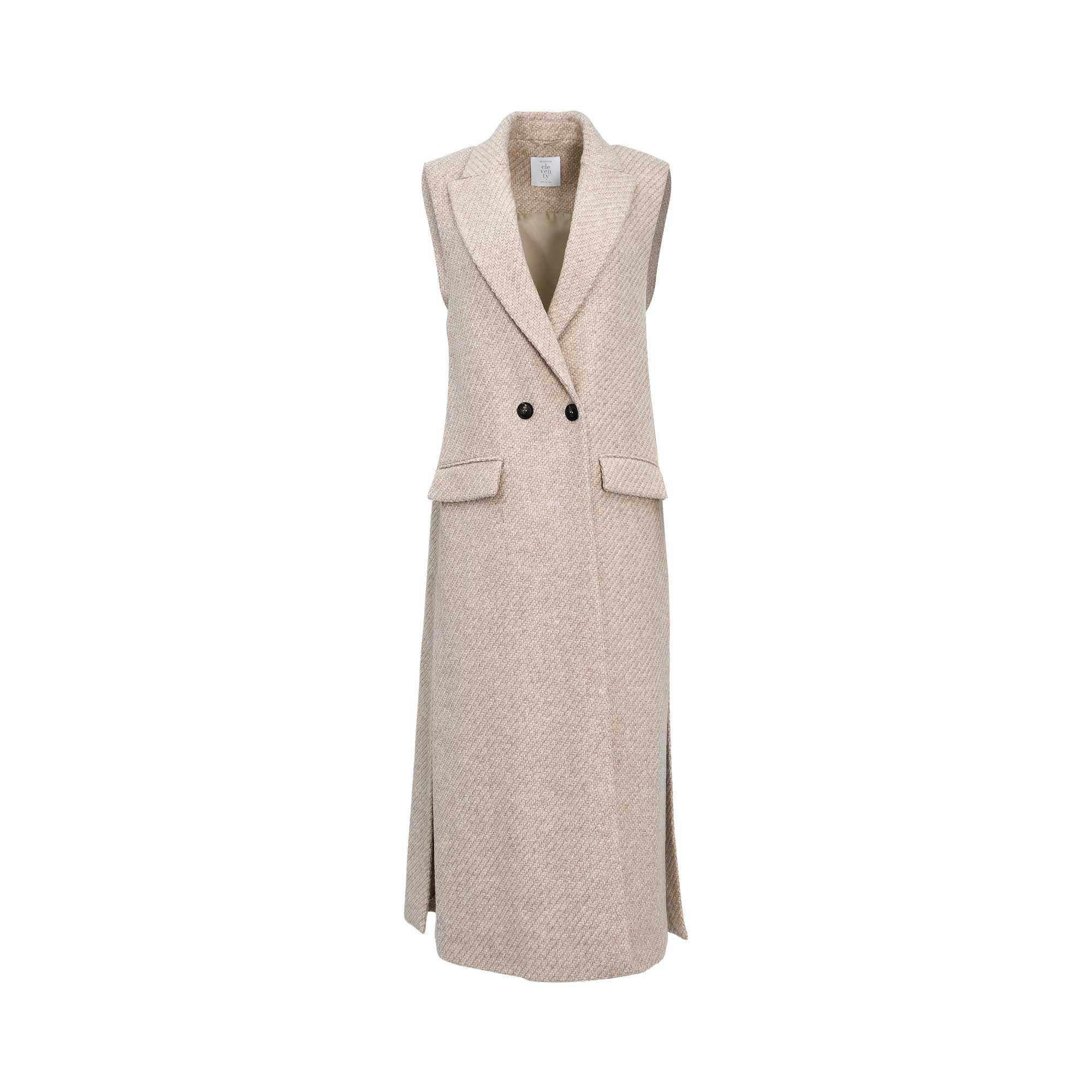 Eleventy Women's Beige Wool-Blend Sleeveless Coat with Herringbone Texture — Order Online Today