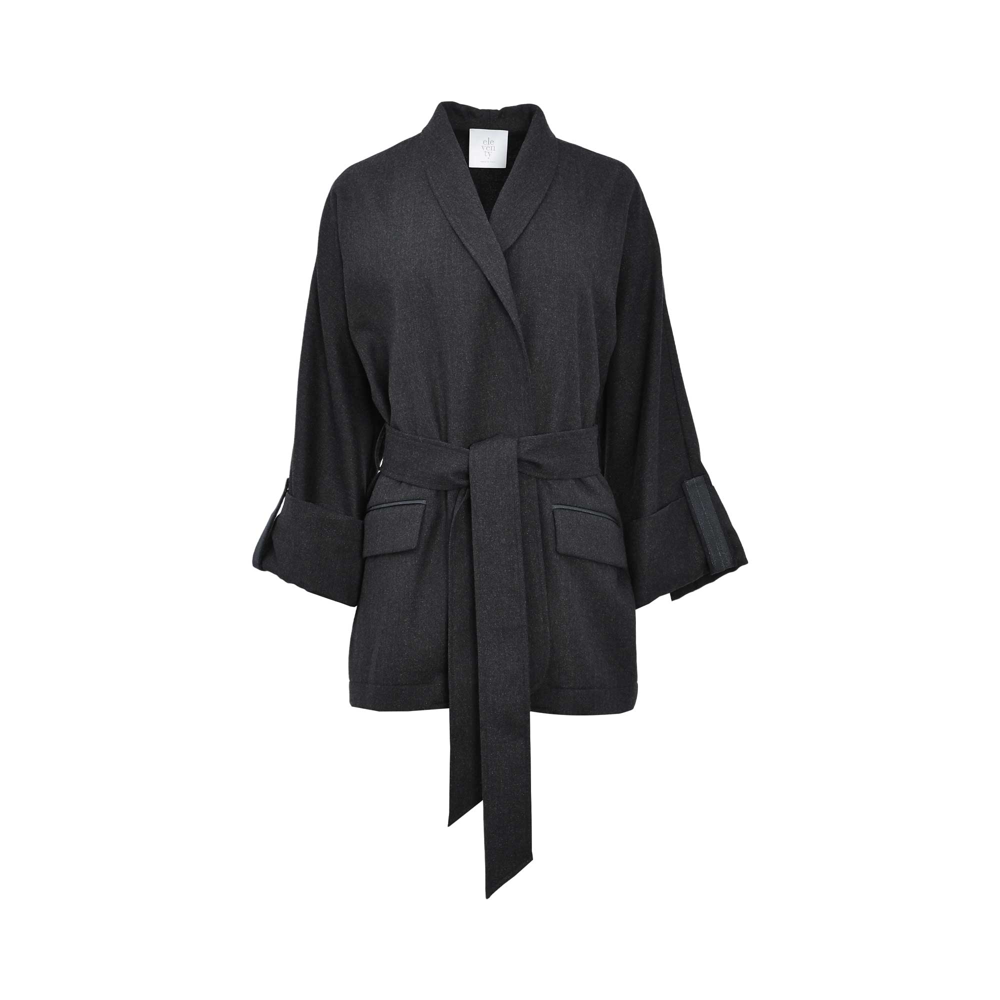 Eleventy Women's Black Belted Jacket with Flap Pockets and Wrap Front — Available for Online Purchase