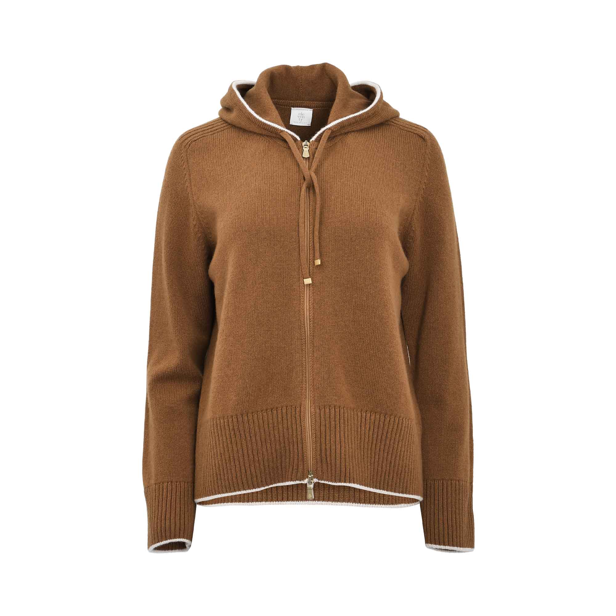 Eleventy Women's Brown Wool-Cashmere Zip-Up Hoodie with Ribbed Hem — Shop the Latest Online