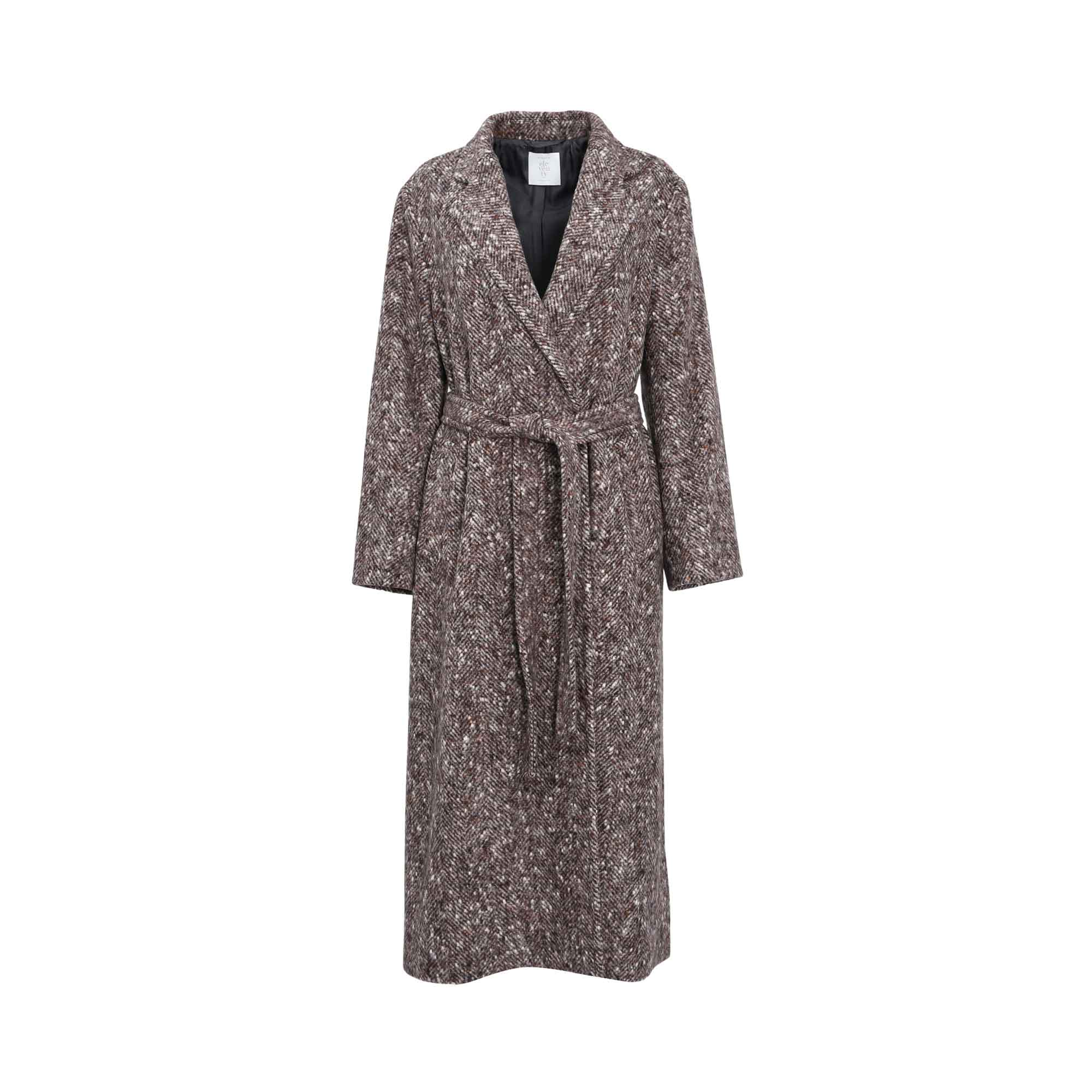 Eleventy Women's Brown Wool Blend Long Coat with Belt and Herringbone Texture — Now Online