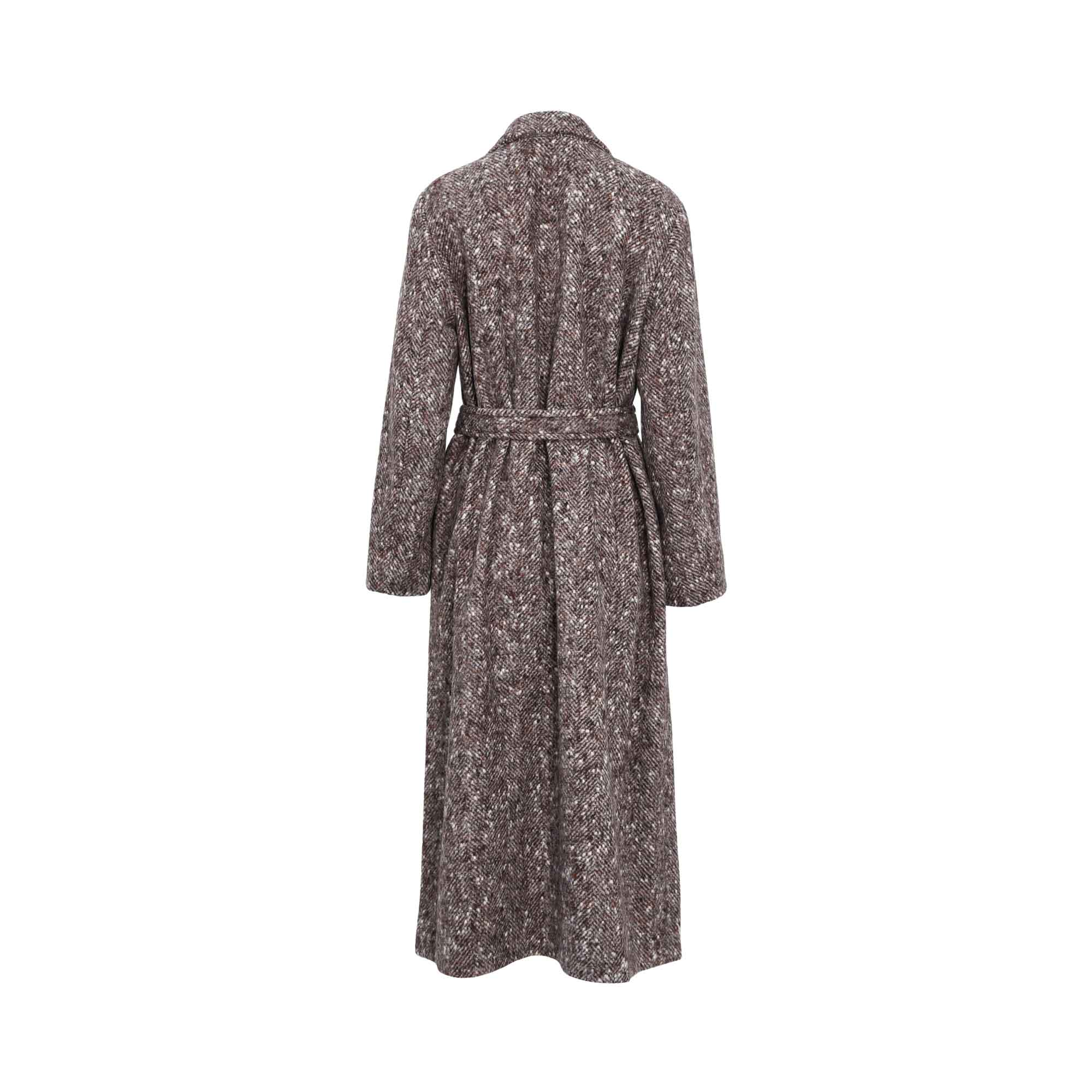 Eleventy Women's Brown Wool Blend Long Coat with Belt and Herringbone Texture — Now Online