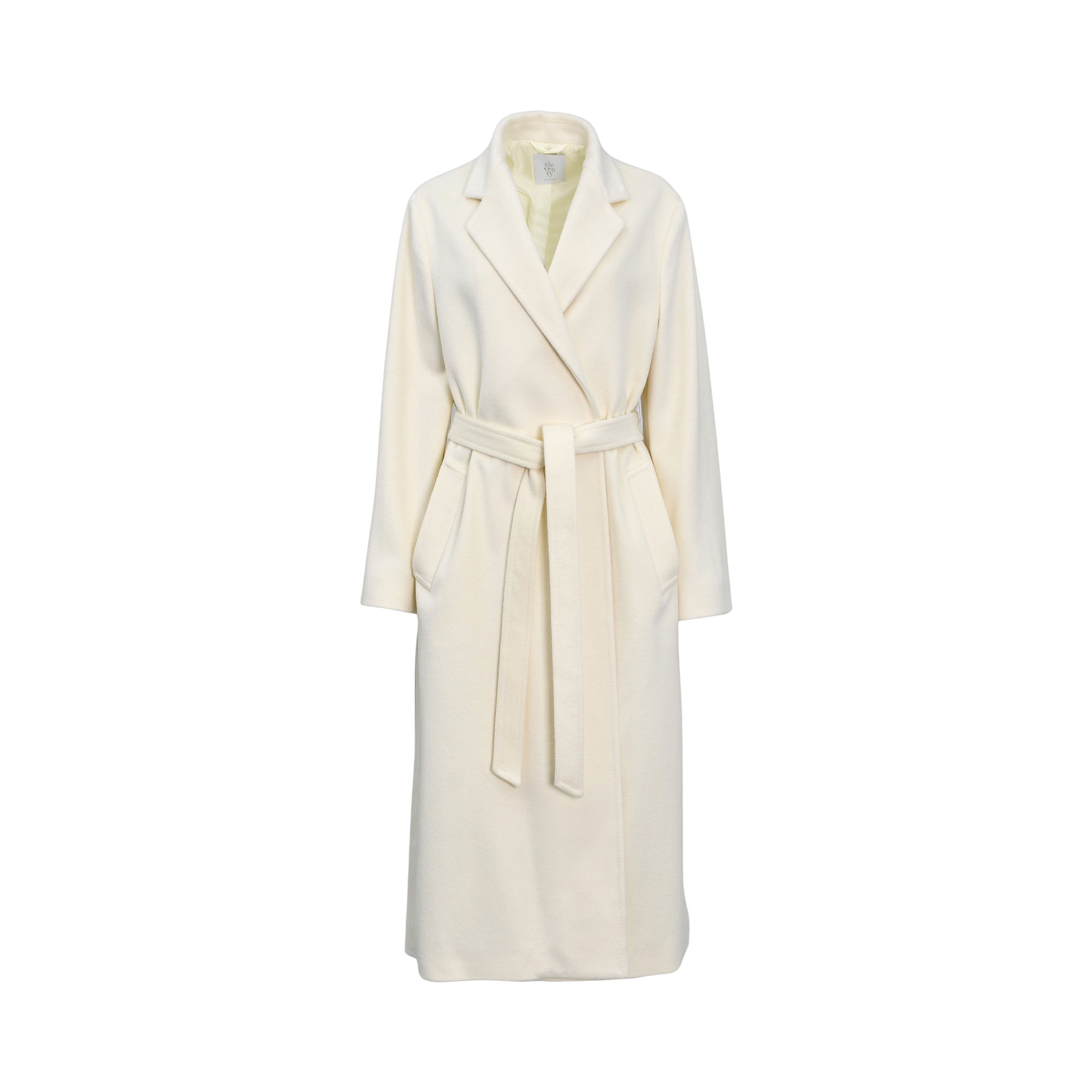 Eleventy Women's White Belted Wool Coat with Lapel Collar and Pockets — Now Online