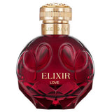 Front view of the Elie Saab Elixir Love Eau de Parfum 100ml bottle against a crisp white background. The bottle is designed as a faceted, round crimson-red sphere featuring embossed heart-like shapes. It is crowned with an ornate, ribbed gold-toned cap and collar elegantly engraved with 'ELIE SAAB' and 'ELIXIR LOVE' printed in gold on the front of the red glass.
