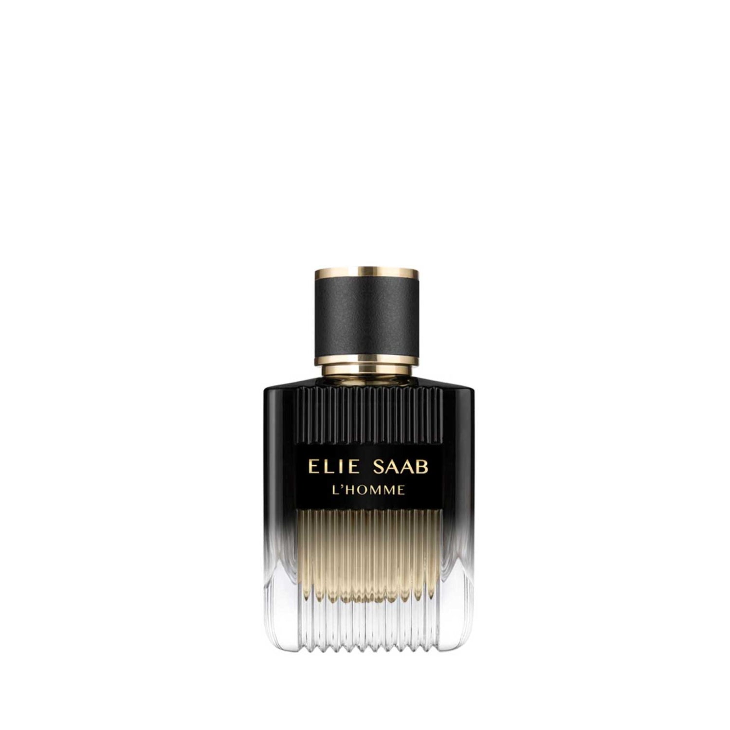Front view of the Elie Saab L'Homme Eau de Parfum 50ml bottle against a solid white background. The bottle features a modern design with a black textured cap trimmed in gold, a glossy black upper body with gold lettering that reads 'ELIE SAAB L'HOMME', and a vertically ribbed glass base transitioning from clear to an amber-gold hue.