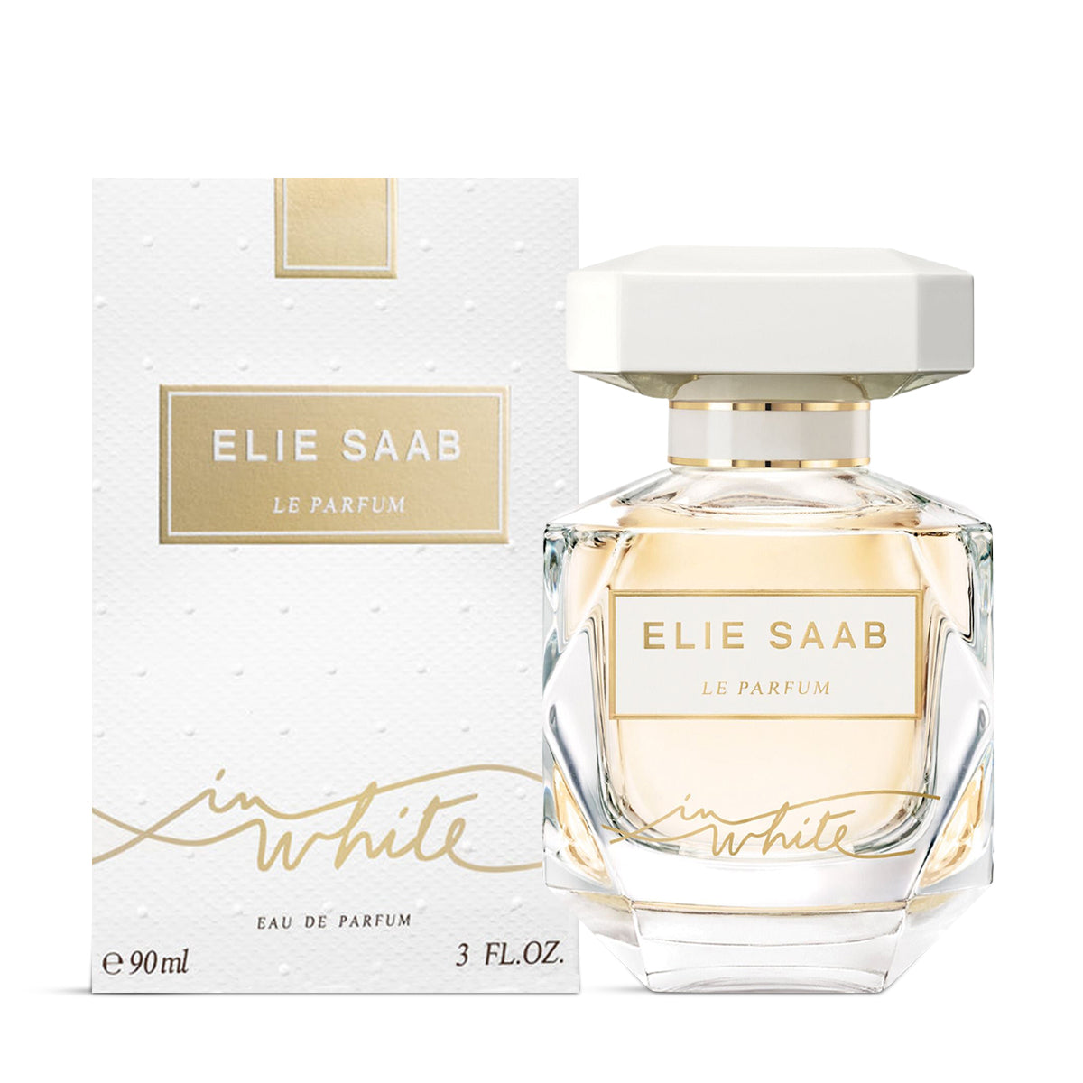 Elie Saab perfume bottle and packaging on a white background