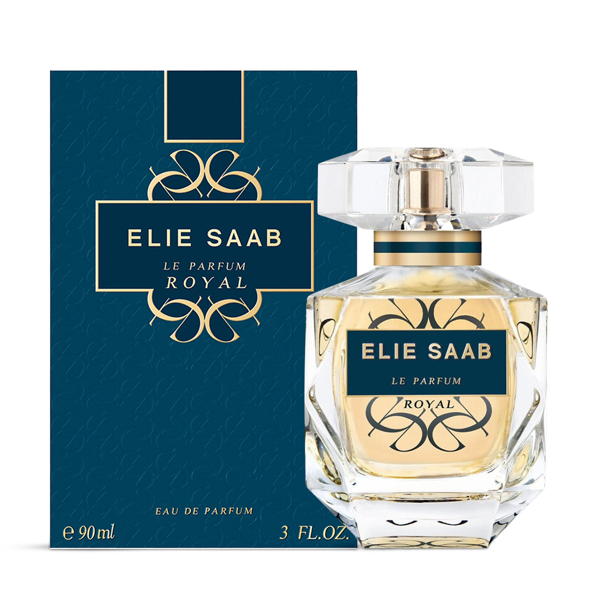 Elie Saab Perfume Le Parfum Royal EDP - 90ml Elie Saab Le Parfum Royal perfume bottle and packaging on a white background
