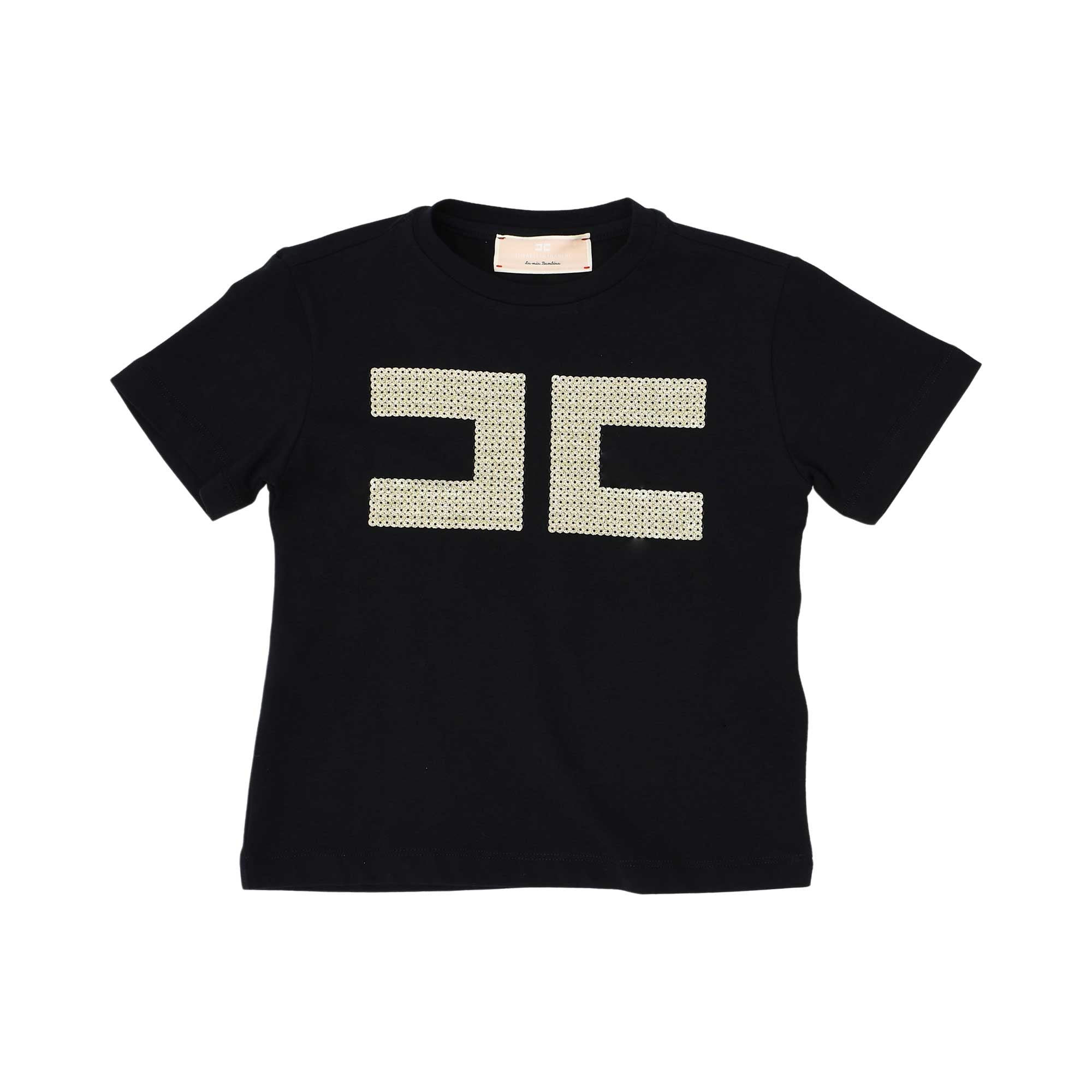 Front view of Elisabetta Franchi Kids girls' T-shirt in ivory featuring tonal logo embroidery across the chest.