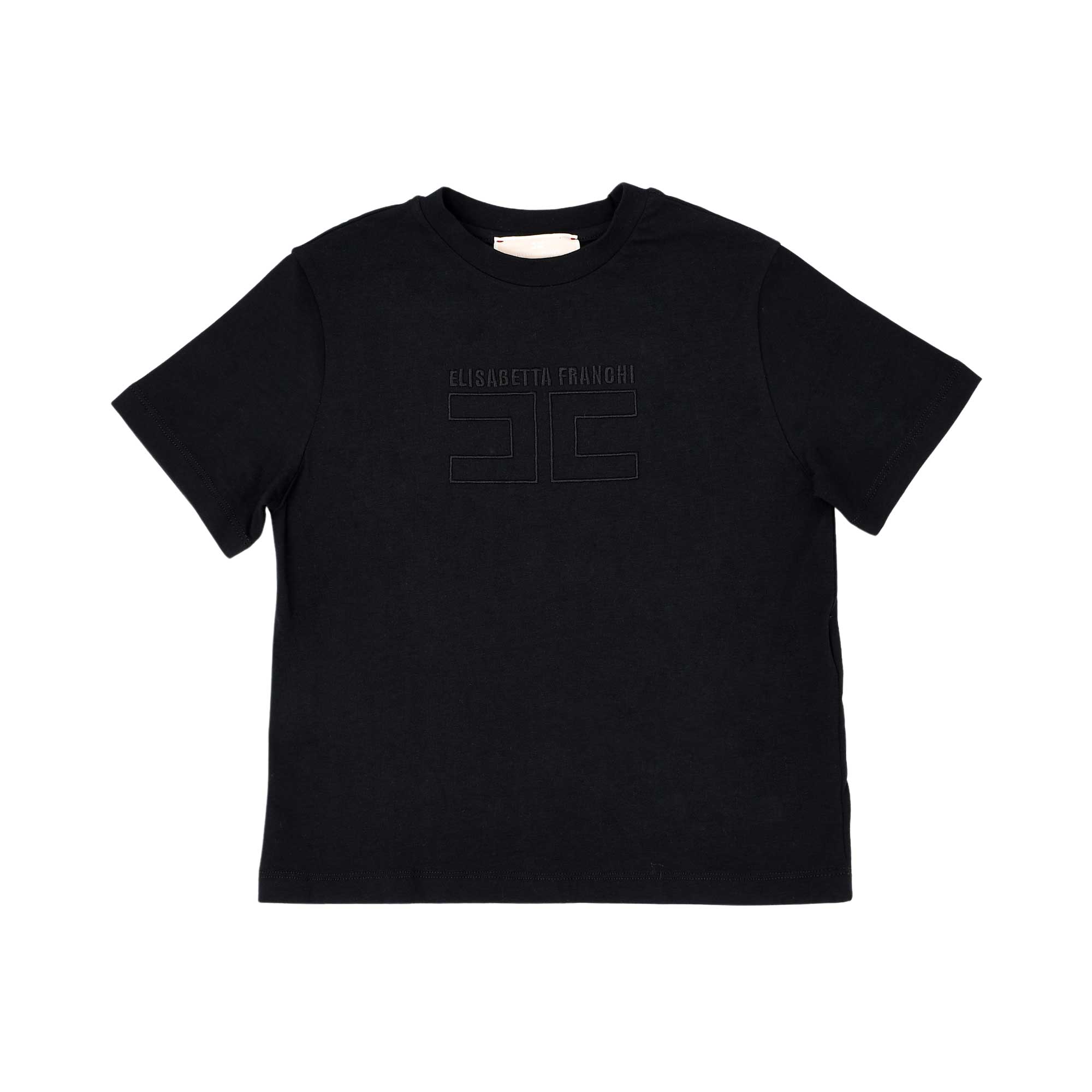 Front view of the Elisabetta Franchi Kids black T-shirt featuring a large white geometric logo and monogram print on the chest.