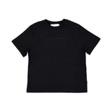 Front view of the Elisabetta Franchi Kids black T-shirt featuring a large white geometric logo and monogram print on the chest.
