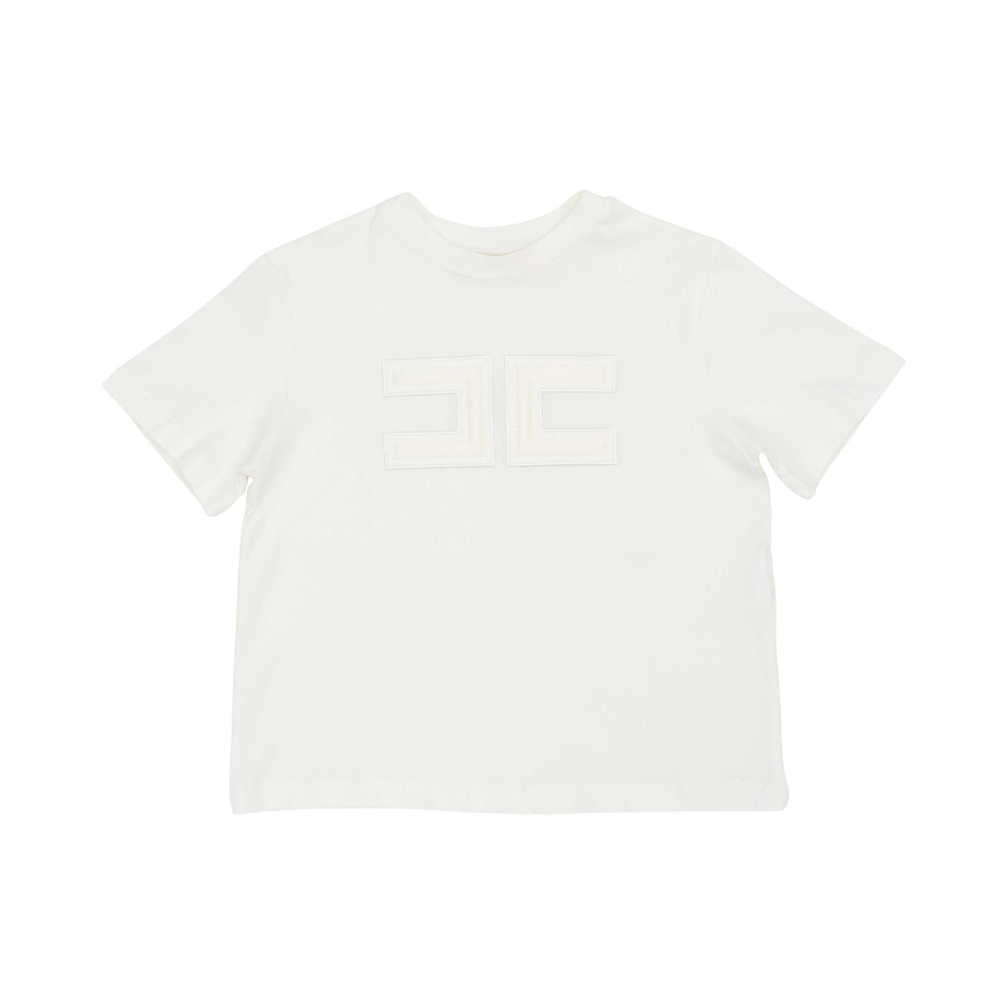 Front view of the Elisabetta Franchi Kids ivory T-shirt featuring a large black geometric logo and monogram print on the chest.