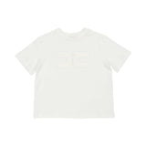 Front view of the Elisabetta Franchi Kids ivory T-shirt featuring a large black geometric logo and monogram print on the chest.