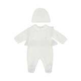 Front view of Elisabetta Franchi La Mia Bambina sleeveless ivory babygrow featuring a pink embroidered logo bow and ruffled Peter Pan collar.